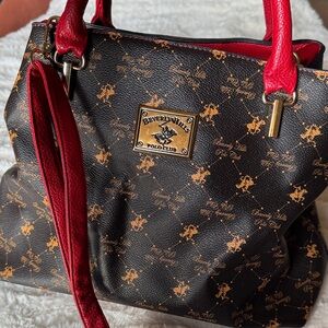 Beverly Hills Polo Club Black and Gold Shoulder Bag with Red Accents